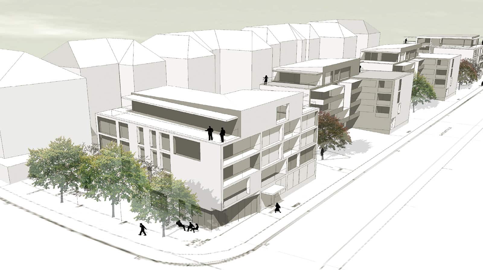 Architekturmodell eines Wohngebiets in Straßenansicht