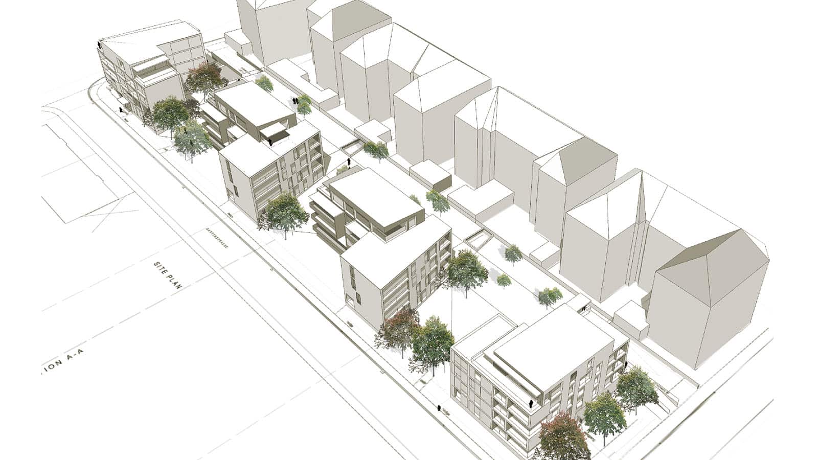 3D-Architektur-Modell einer Wohnanlage mit Bäumen