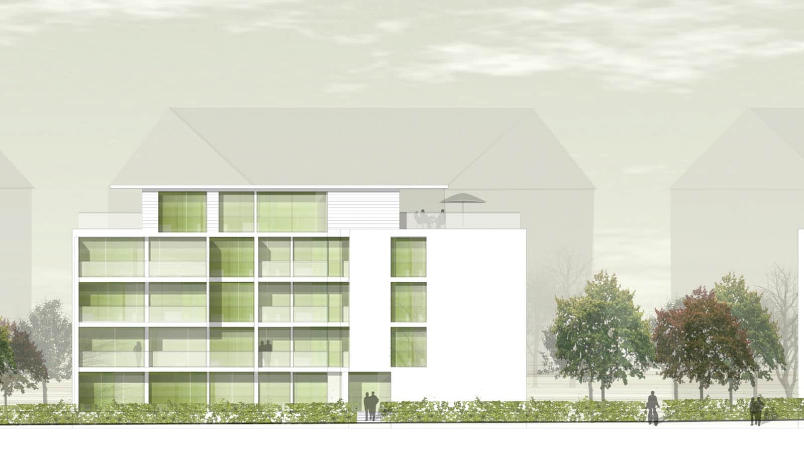 Modernes Wohngebäude mit grüner Glasfassade