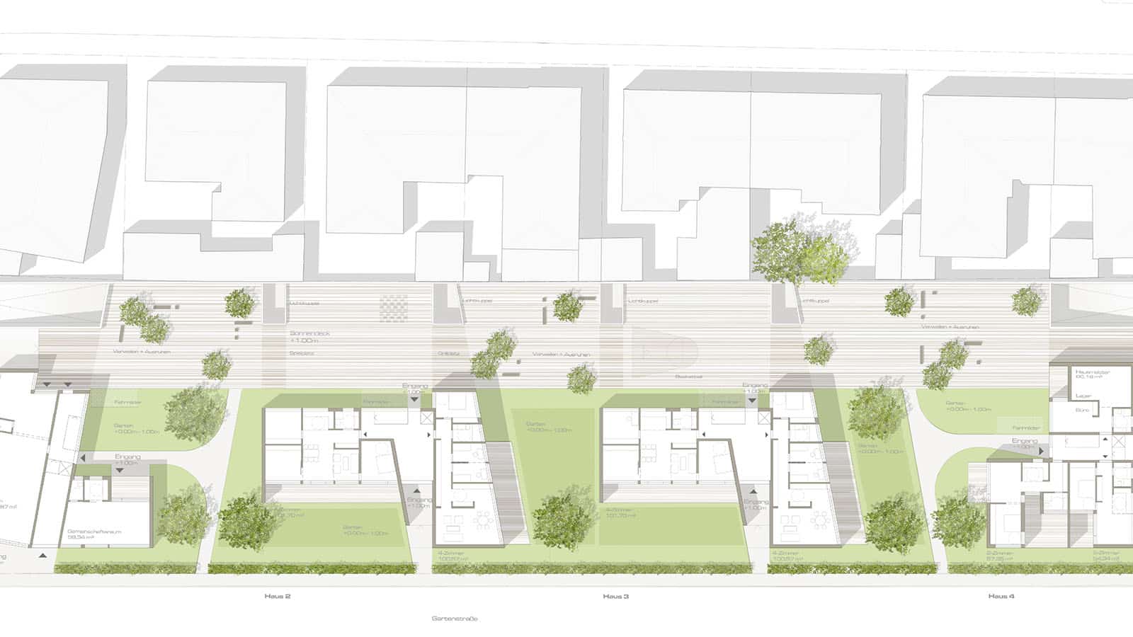 Architekturplan mit Gebäuden und Grünflächen