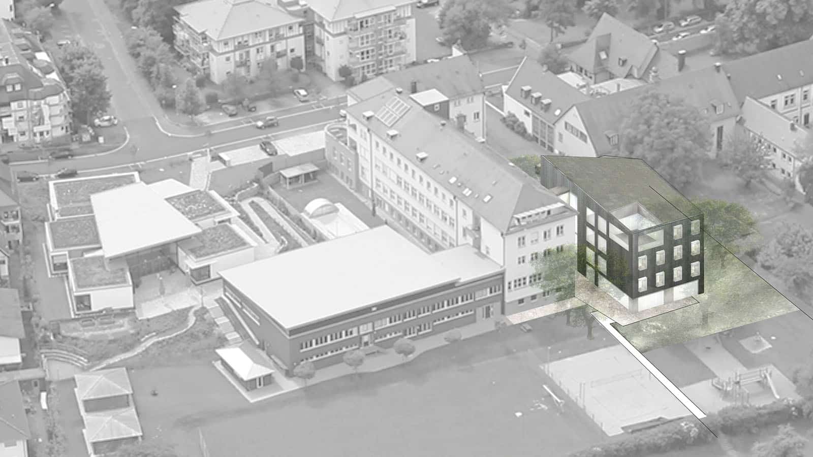 Moderne Schulgebäude in Wohngebiet, Luftaufnahme, Architekturplanung