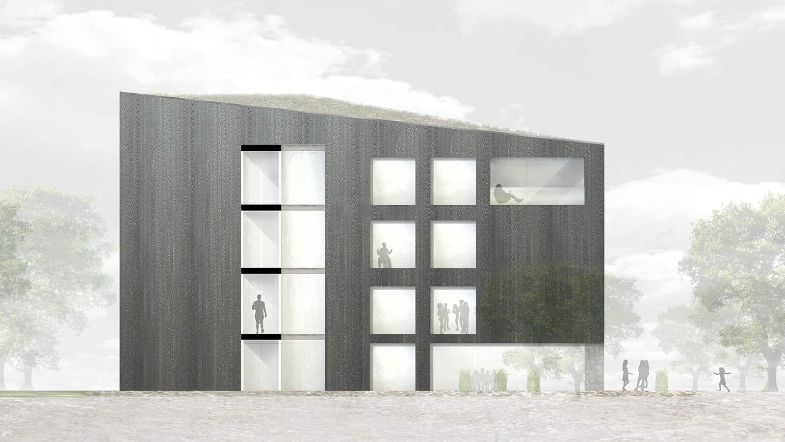 Modernes Gebäude mit großen Fenstern und Menschen.