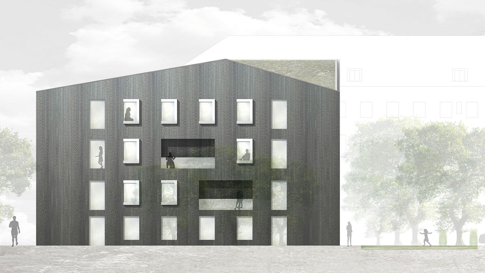 Modernes Gebäude mit vielen Fenstern und Menschen.