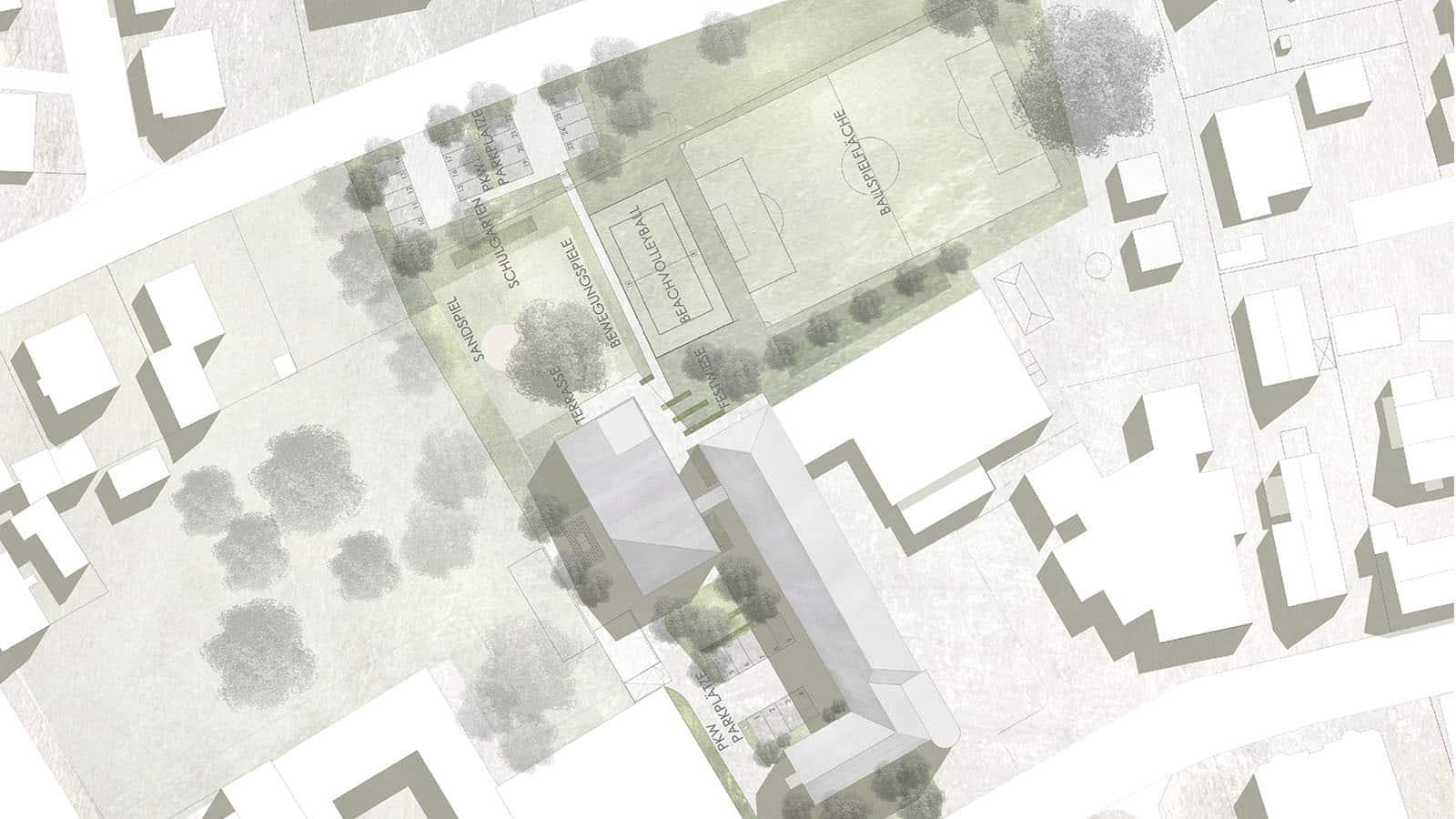 Luftaufnahme eines Schulhofs mit Spielflächen und Bäumen.