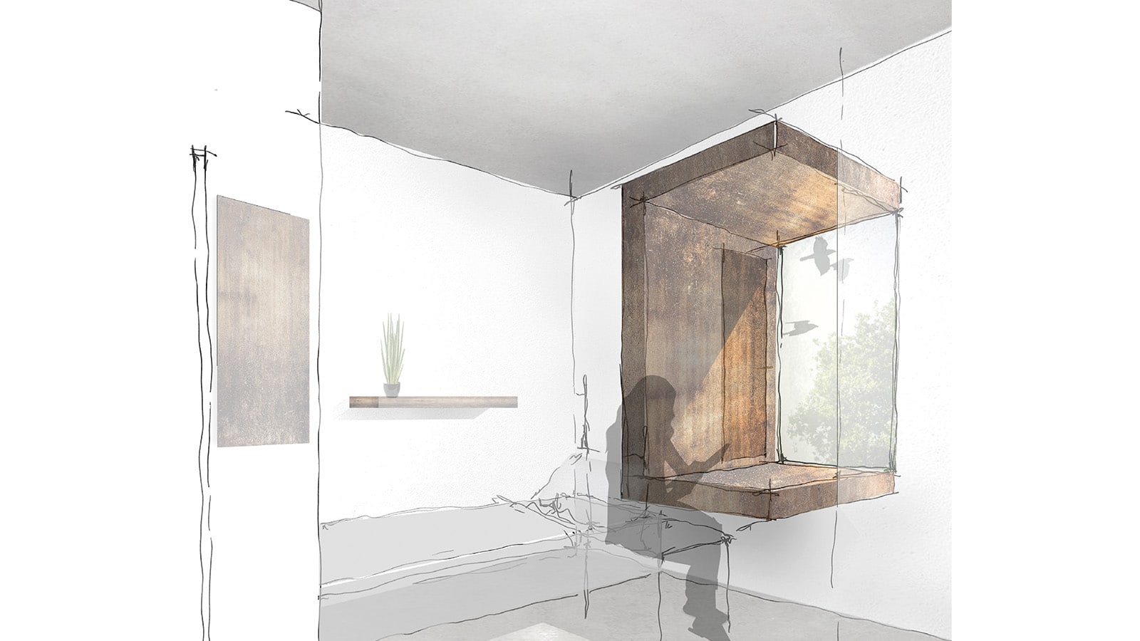 Skizze eines Zimmers mit Fensterbank.