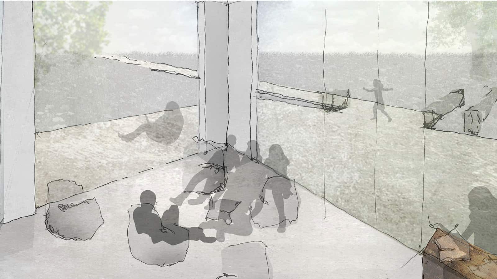 Abstrakte Zeichnung von Menschen in einem Raum