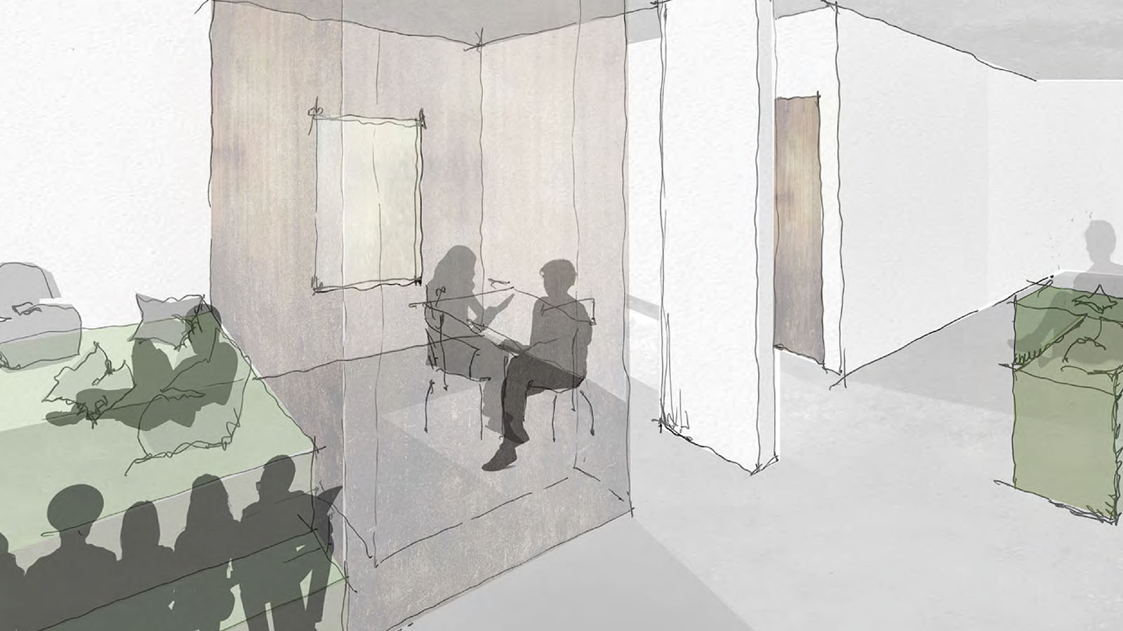 Skizze von Personen in einem Raum mit Wänden.
