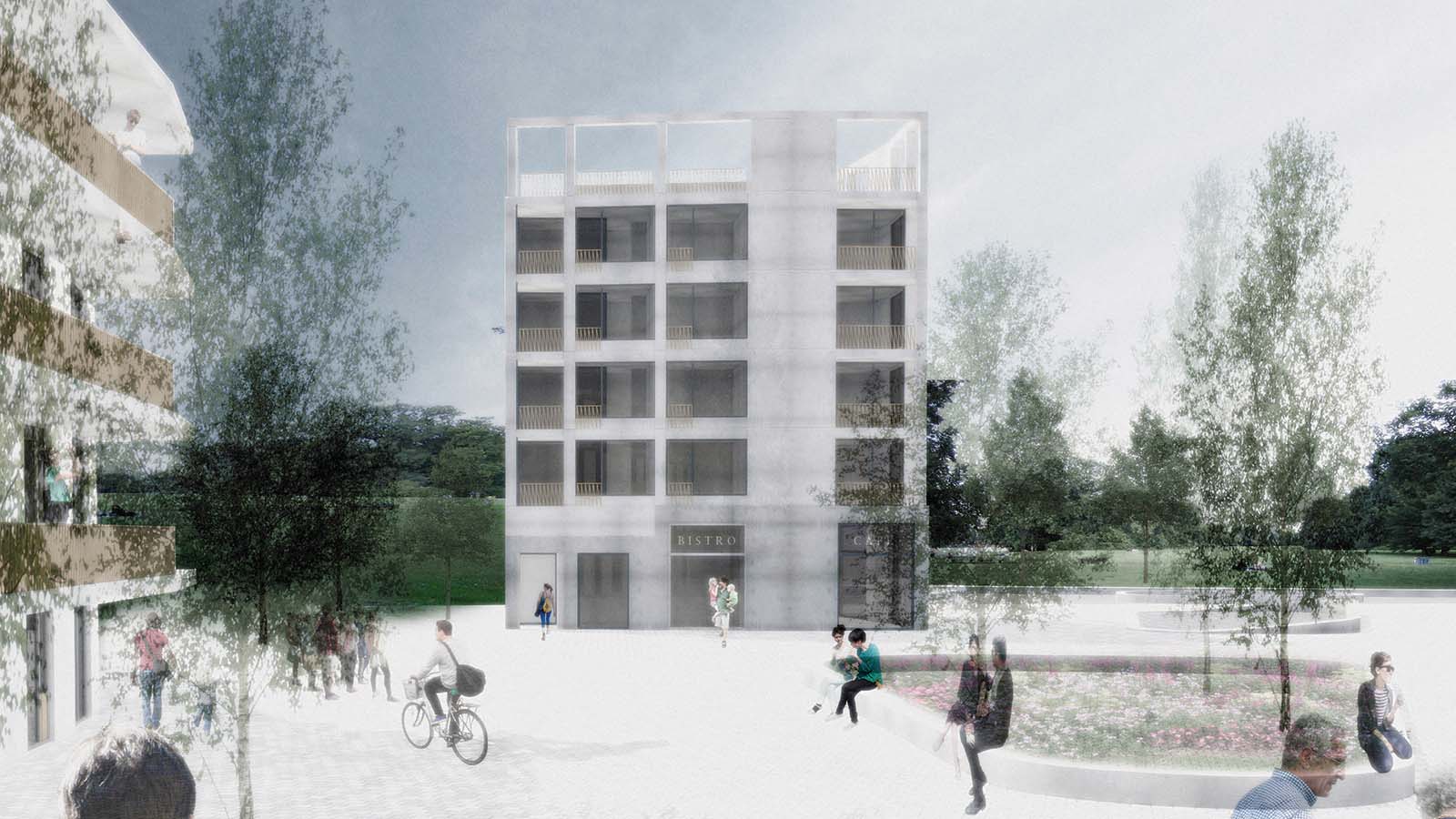 Modernes Gebäude im Park mit Menschen und Fahrrad