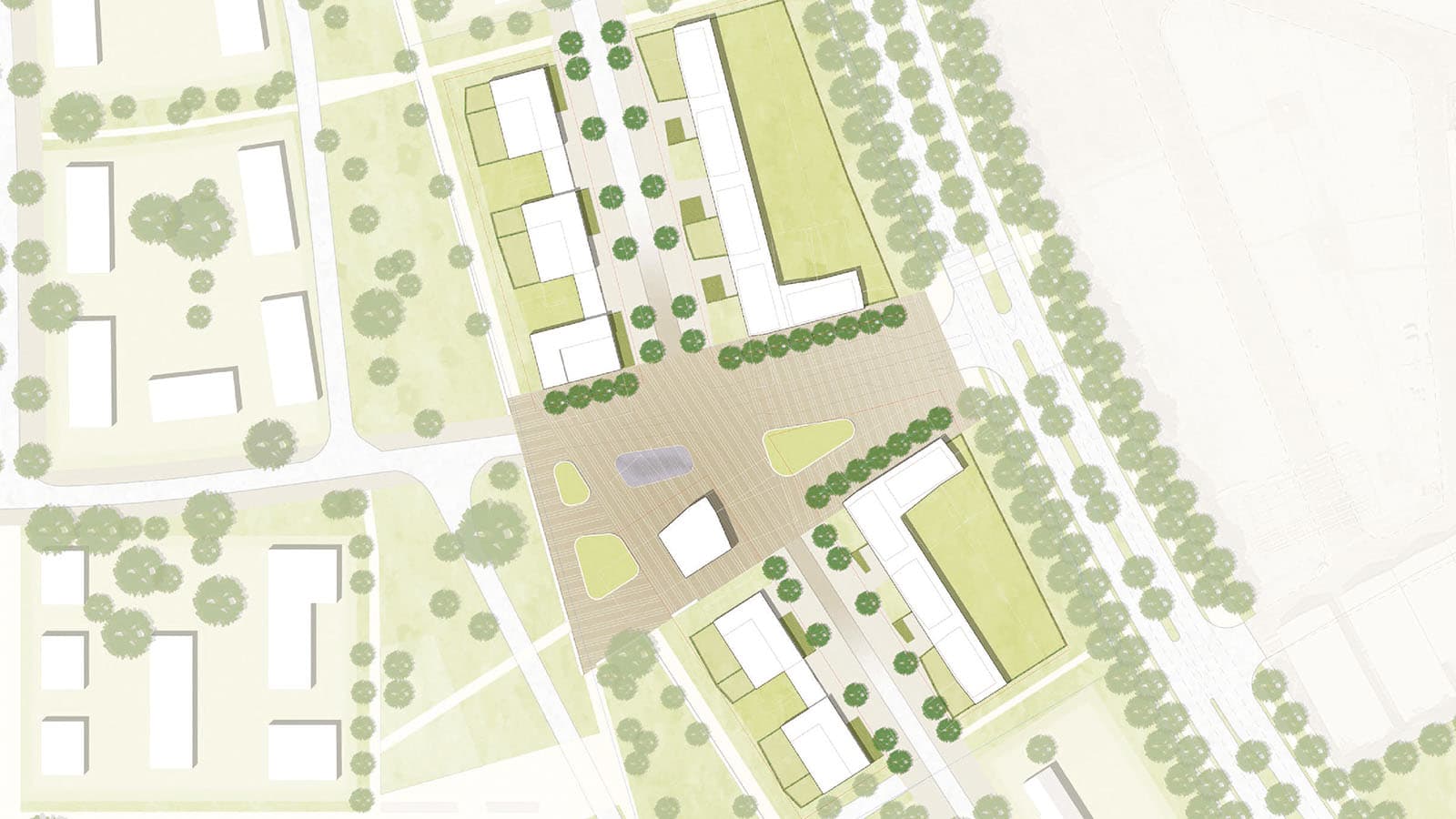 Stadtplan mit Straßennetz und Gebäuden, Draufsicht.