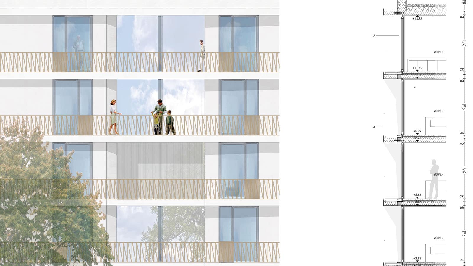 Architekturenwurf eines modernen Wohngebäudes mit Balkonen.