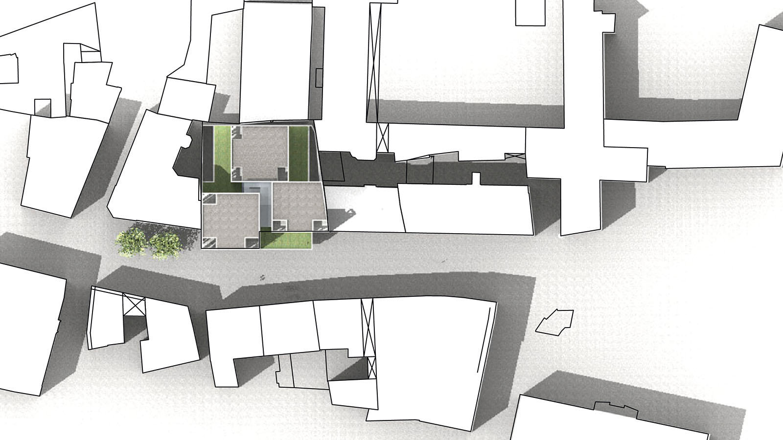 Architekturzeichnung eines Gebäudekomplexes von oben.