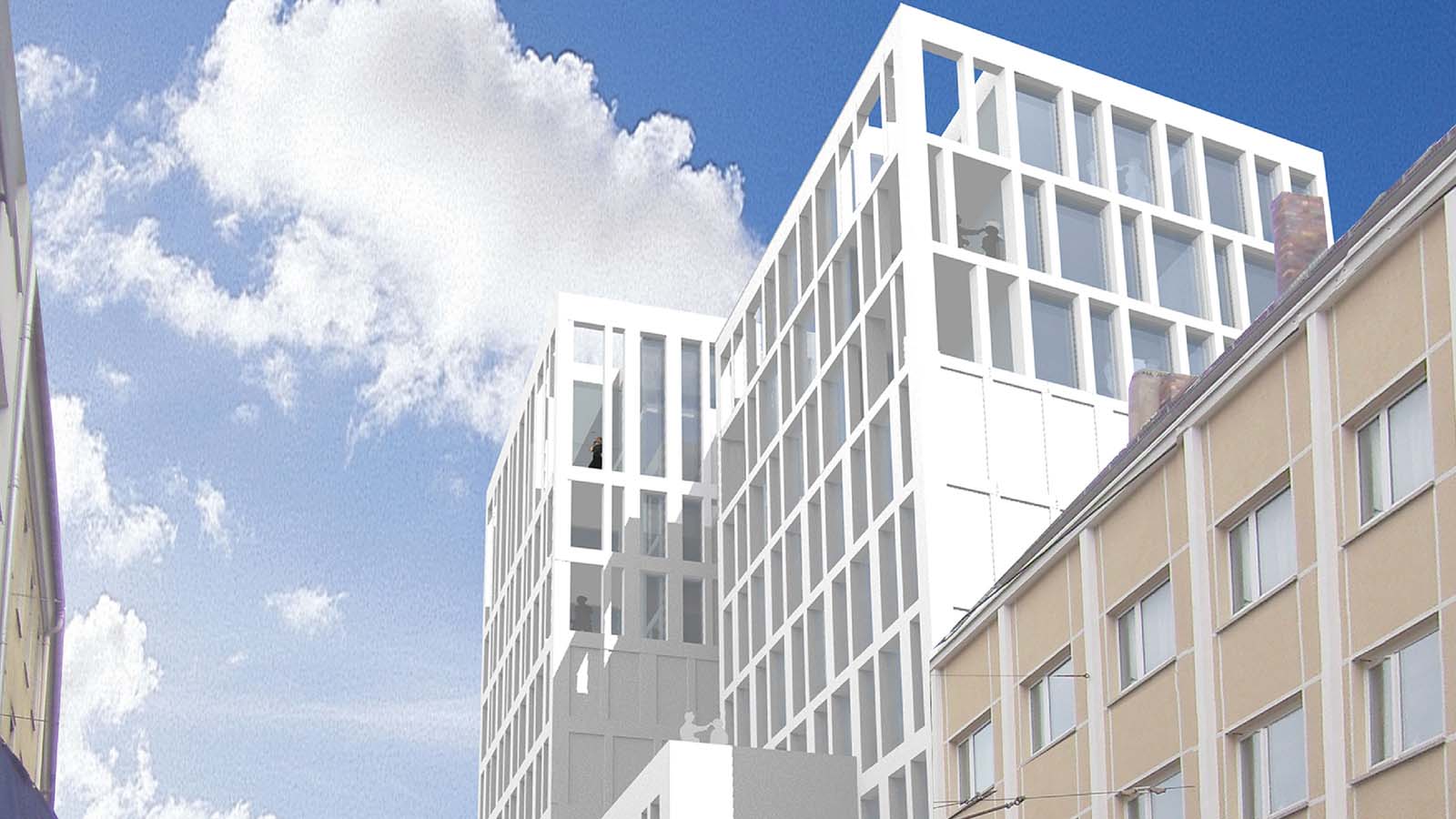 Moderne Architektur mit blauem Himmel und Wolken.